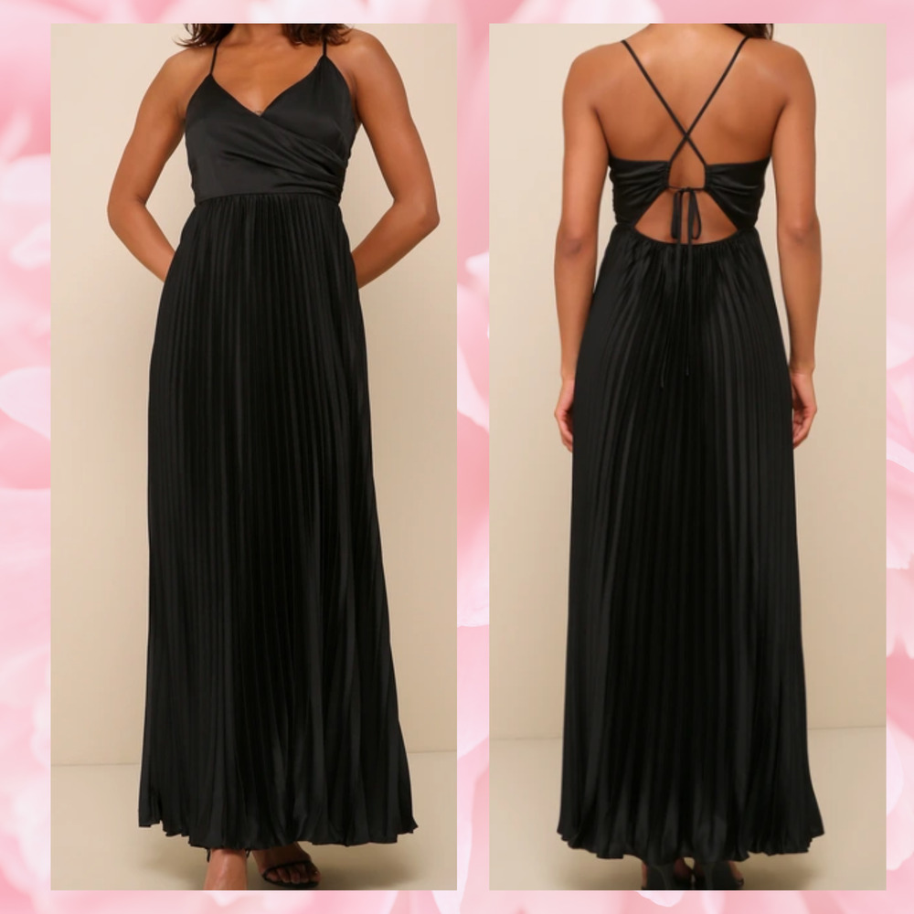 LULU'S SZ M Precious Sentiments Black Satin Pleated Tie-Back Maxi Dress NEW B52